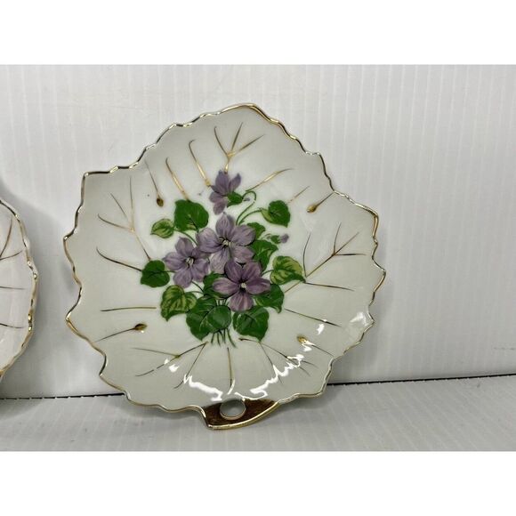 2 Vintage Nasco Japan violet Floral Trinket Dish Leaf Shape 5" shell 3. 5" - Picture 2 of 8